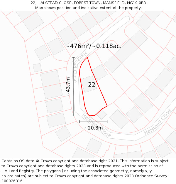 22, HALSTEAD CLOSE, FOREST TOWN, MANSFIELD, NG19 0RR: Plot and title map