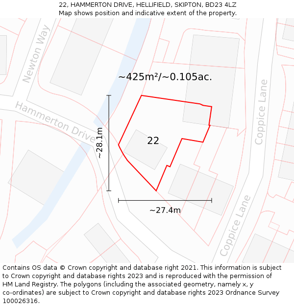 22, HAMMERTON DRIVE, HELLIFIELD, SKIPTON, BD23 4LZ: Plot and title map