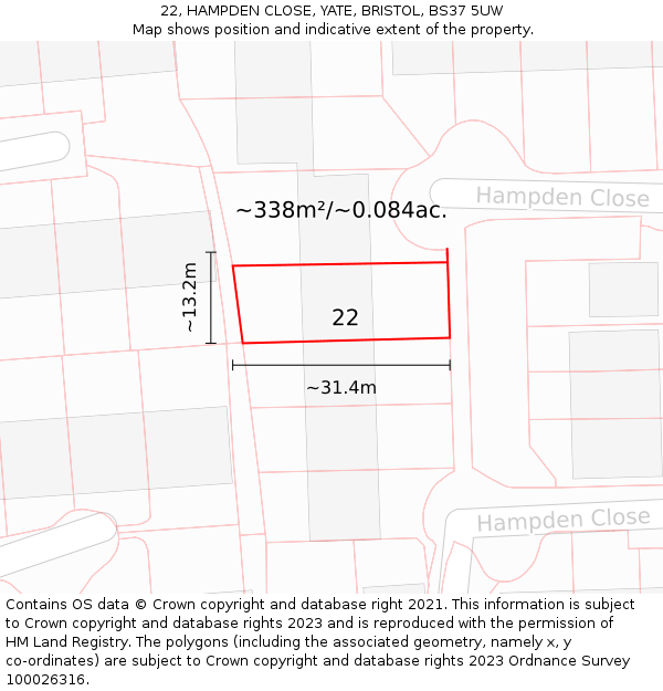 22, HAMPDEN CLOSE, YATE, BRISTOL, BS37 5UW: Plot and title map