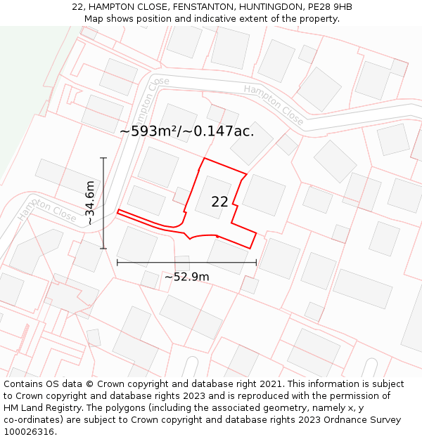 22, HAMPTON CLOSE, FENSTANTON, HUNTINGDON, PE28 9HB: Plot and title map
