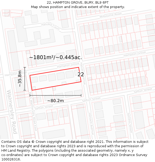 22, HAMPTON GROVE, BURY, BL9 6PT: Plot and title map