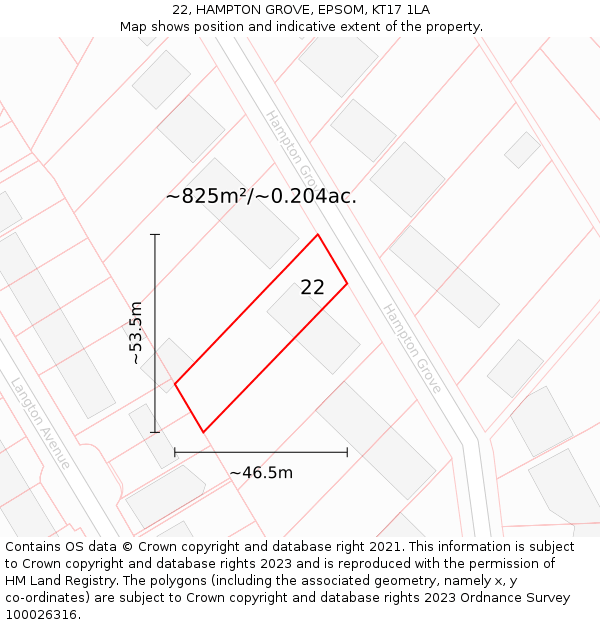 22, HAMPTON GROVE, EPSOM, KT17 1LA: Plot and title map