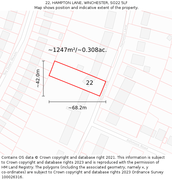 22, HAMPTON LANE, WINCHESTER, SO22 5LF: Plot and title map