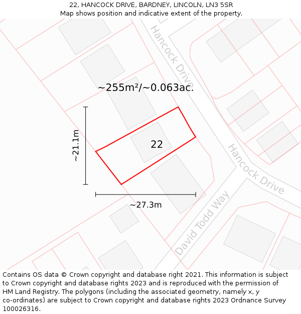22, HANCOCK DRIVE, BARDNEY, LINCOLN, LN3 5SR: Plot and title map