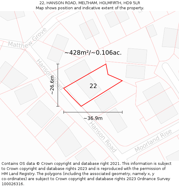 22, HANSON ROAD, MELTHAM, HOLMFIRTH, HD9 5LR: Plot and title map