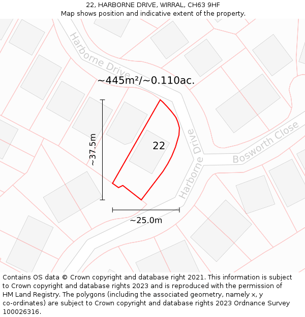 22, HARBORNE DRIVE, WIRRAL, CH63 9HF: Plot and title map