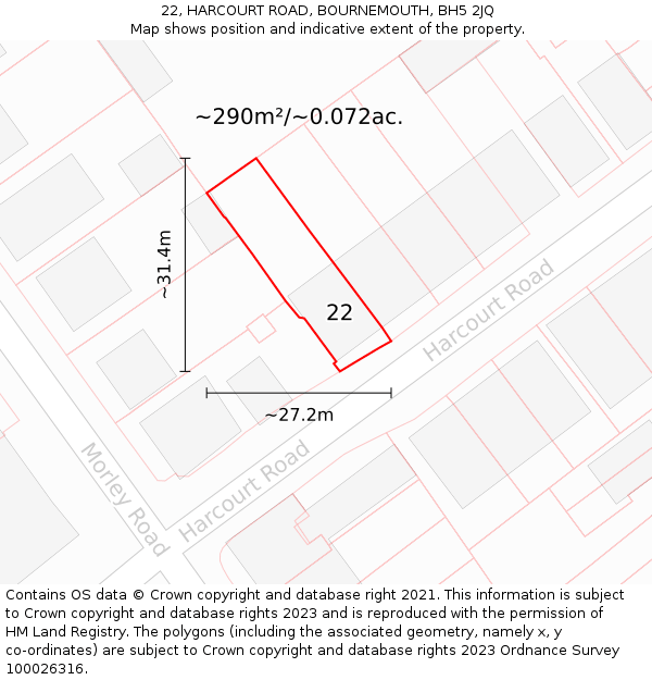 22, HARCOURT ROAD, BOURNEMOUTH, BH5 2JQ: Plot and title map