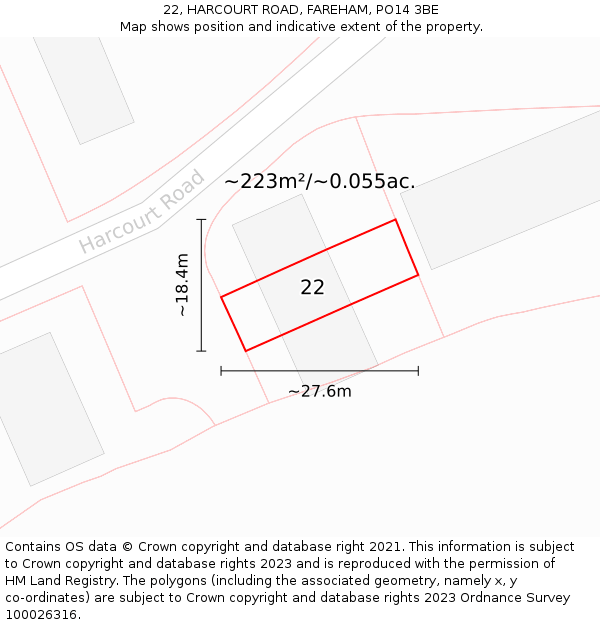 22, HARCOURT ROAD, FAREHAM, PO14 3BE: Plot and title map