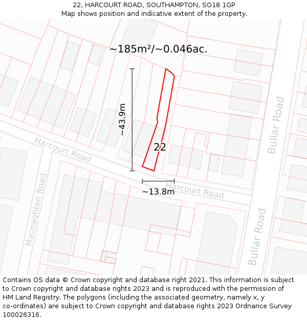 22, HARCOURT ROAD, SOUTHAMPTON, SO18 1GP: Plot and title map