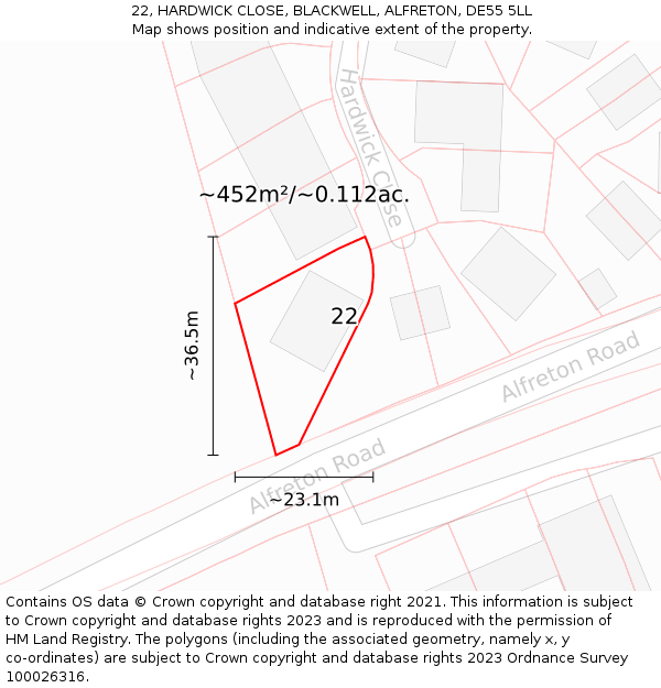 22, HARDWICK CLOSE, BLACKWELL, ALFRETON, DE55 5LL: Plot and title map