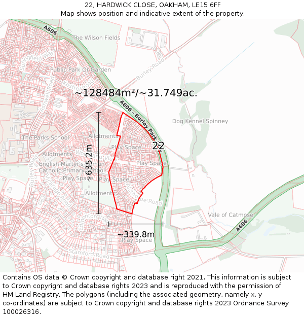 22, HARDWICK CLOSE, OAKHAM, LE15 6FF: Plot and title map