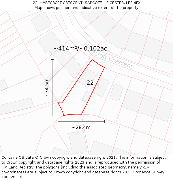22, HARECROFT CRESCENT, SAPCOTE, LEICESTER, LE9 4FX: Plot and title map