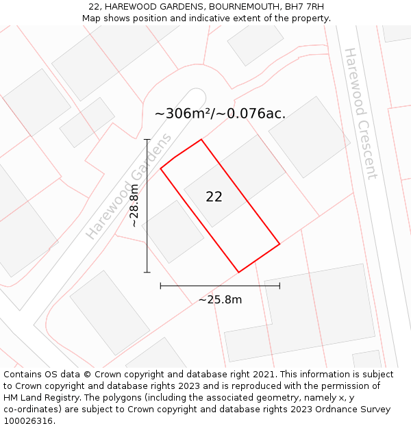 22, HAREWOOD GARDENS, BOURNEMOUTH, BH7 7RH: Plot and title map