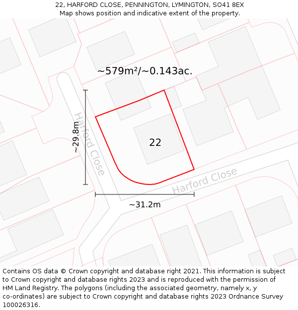 22, HARFORD CLOSE, PENNINGTON, LYMINGTON, SO41 8EX: Plot and title map