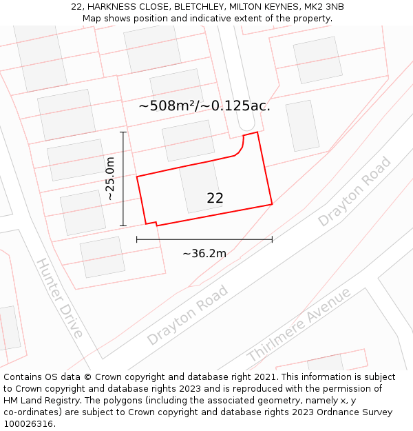 22, HARKNESS CLOSE, BLETCHLEY, MILTON KEYNES, MK2 3NB: Plot and title map