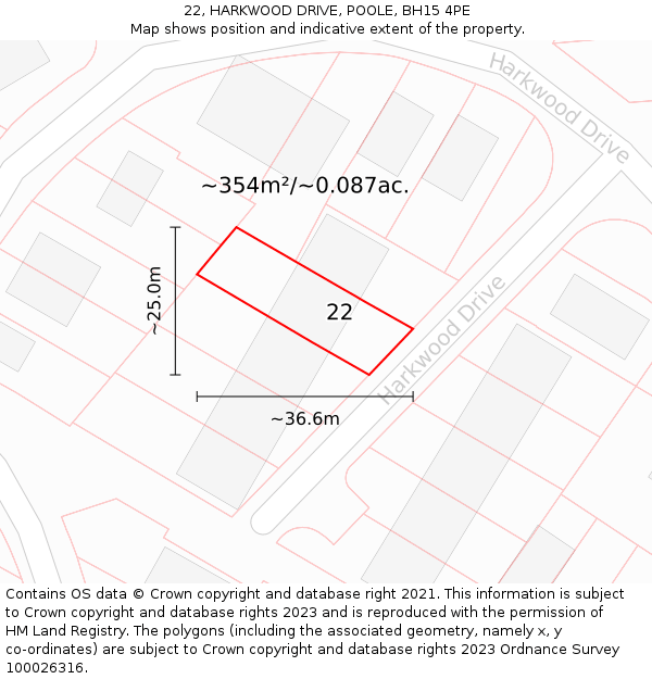 22, HARKWOOD DRIVE, POOLE, BH15 4PE: Plot and title map