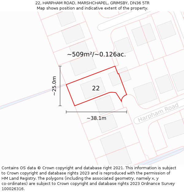 22, HARPHAM ROAD, MARSHCHAPEL, GRIMSBY, DN36 5TR: Plot and title map
