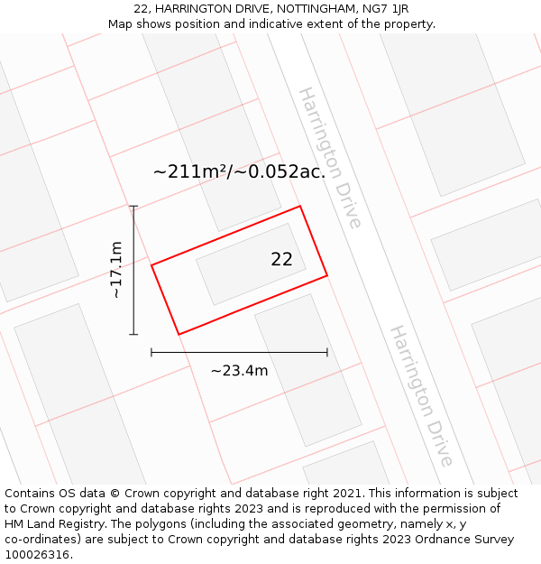 22, HARRINGTON DRIVE, NOTTINGHAM, NG7 1JR: Plot and title map