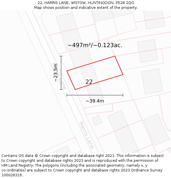 22, HARRIS LANE, WISTOW, HUNTINGDON, PE28 2QG: Plot and title map