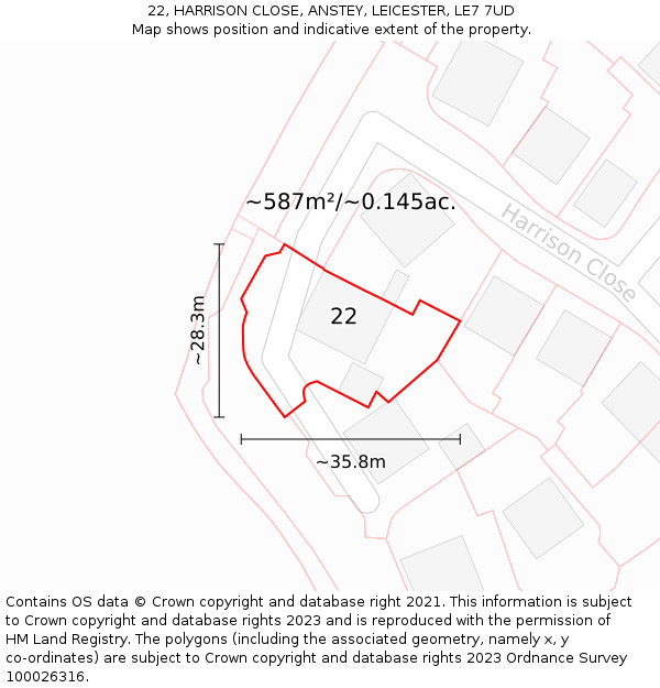 22, HARRISON CLOSE, ANSTEY, LEICESTER, LE7 7UD: Plot and title map