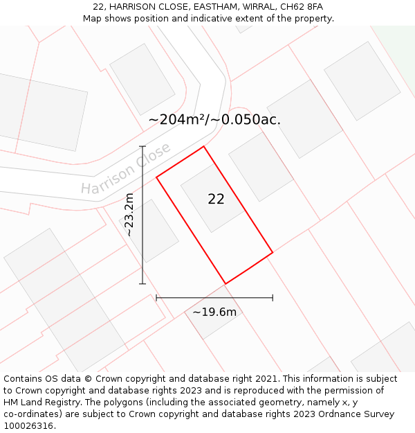 22, HARRISON CLOSE, EASTHAM, WIRRAL, CH62 8FA: Plot and title map