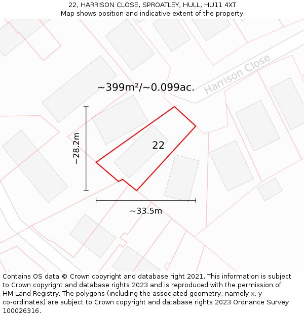 22, HARRISON CLOSE, SPROATLEY, HULL, HU11 4XT: Plot and title map