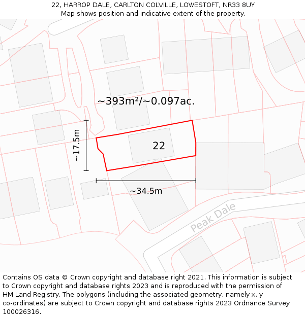 22, HARROP DALE, CARLTON COLVILLE, LOWESTOFT, NR33 8UY: Plot and title map