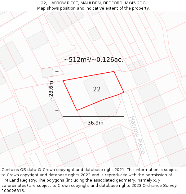 22, HARROW PIECE, MAULDEN, BEDFORD, MK45 2DG: Plot and title map