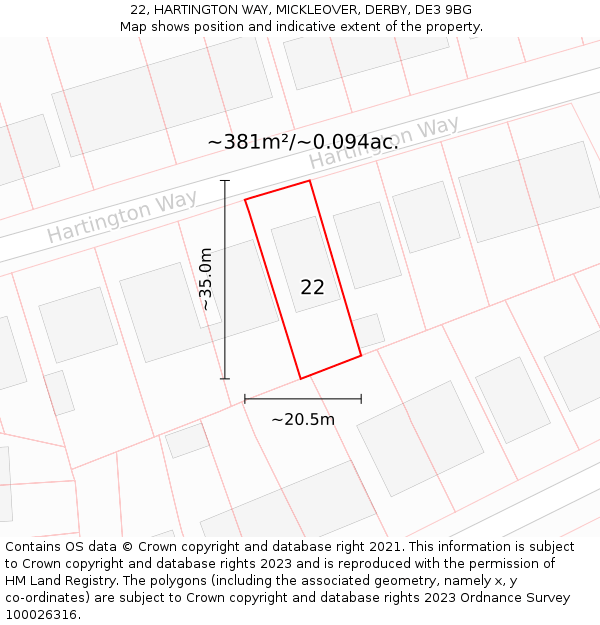 22, HARTINGTON WAY, MICKLEOVER, DERBY, DE3 9BG: Plot and title map