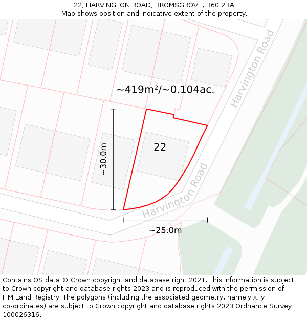 22, HARVINGTON ROAD, BROMSGROVE, B60 2BA: Plot and title map