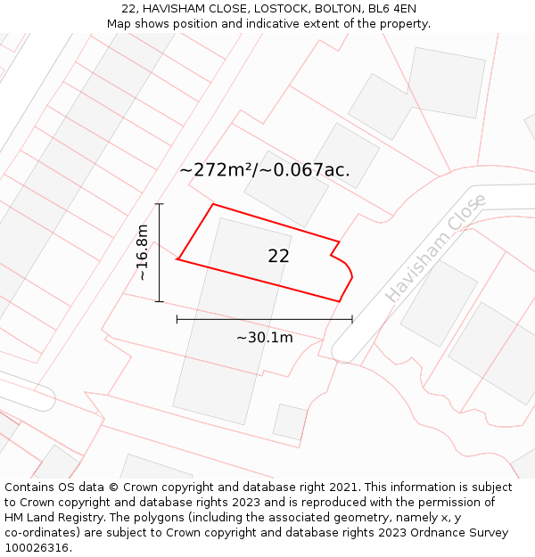 22, HAVISHAM CLOSE, LOSTOCK, BOLTON, BL6 4EN: Plot and title map