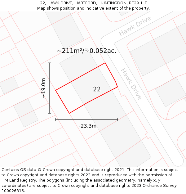 22, HAWK DRIVE, HARTFORD, HUNTINGDON, PE29 1LF: Plot and title map