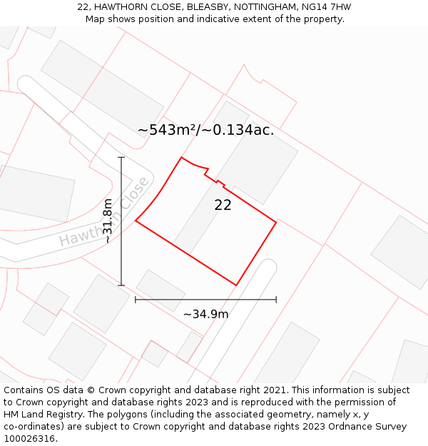 22, HAWTHORN CLOSE, BLEASBY, NOTTINGHAM, NG14 7HW: Plot and title map