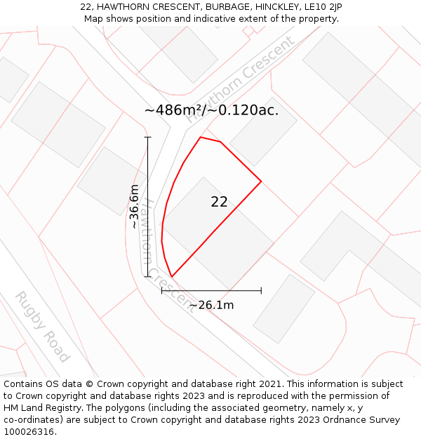 22, HAWTHORN CRESCENT, BURBAGE, HINCKLEY, LE10 2JP: Plot and title map