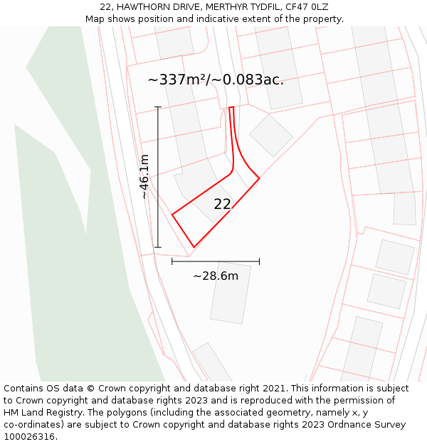 22, HAWTHORN DRIVE, MERTHYR TYDFIL, CF47 0LZ: Plot and title map
