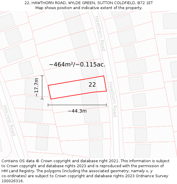 22, HAWTHORN ROAD, WYLDE GREEN, SUTTON COLDFIELD, B72 1ET: Plot and title map