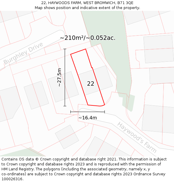 22, HAYWOODS FARM, WEST BROMWICH, B71 3QE: Plot and title map