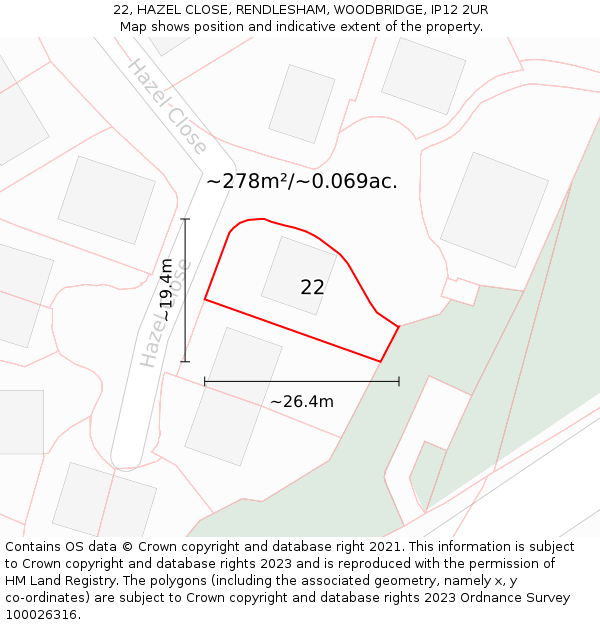 22, HAZEL CLOSE, RENDLESHAM, WOODBRIDGE, IP12 2UR: Plot and title map
