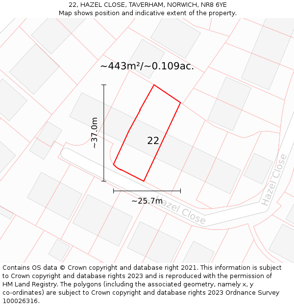 22, HAZEL CLOSE, TAVERHAM, NORWICH, NR8 6YE: Plot and title map