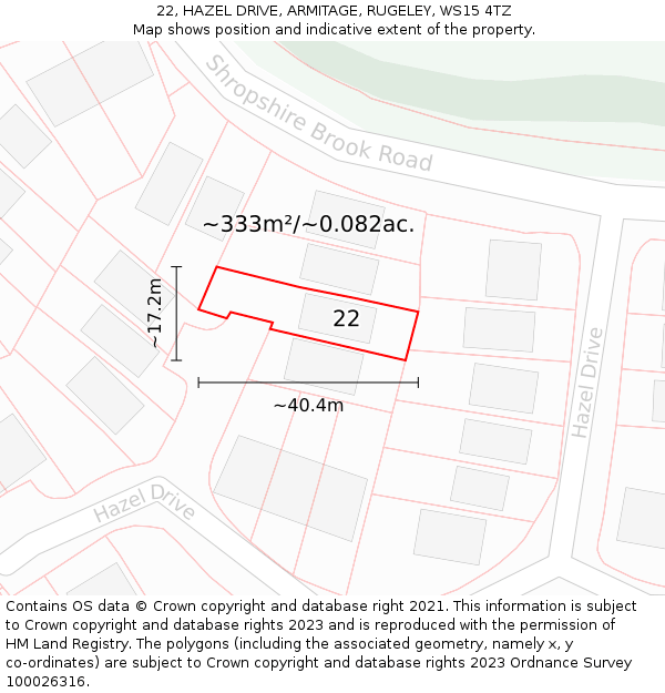 22, HAZEL DRIVE, ARMITAGE, RUGELEY, WS15 4TZ: Plot and title map