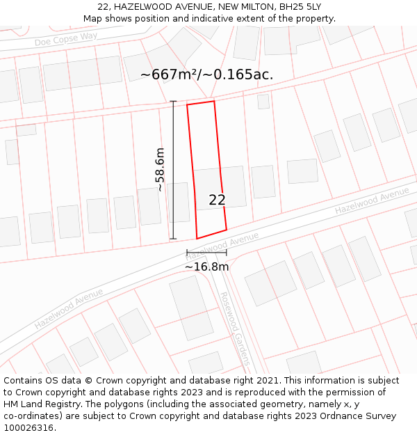 22, HAZELWOOD AVENUE, NEW MILTON, BH25 5LY: Plot and title map