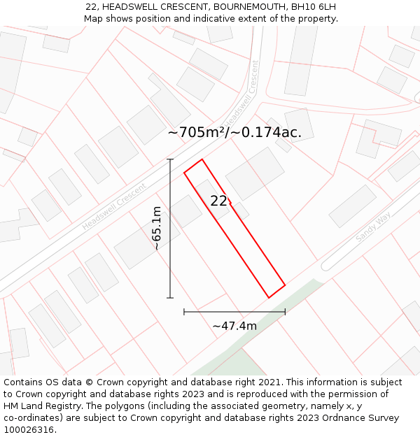 22, HEADSWELL CRESCENT, BOURNEMOUTH, BH10 6LH: Plot and title map