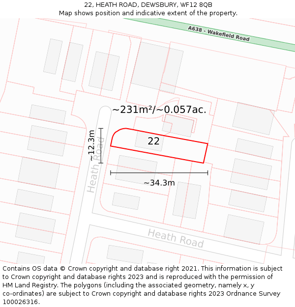 22, HEATH ROAD, DEWSBURY, WF12 8QB: Plot and title map