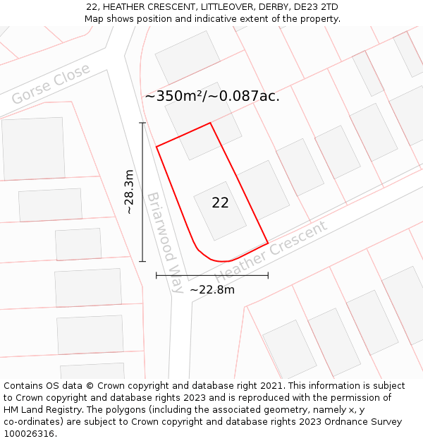 22, HEATHER CRESCENT, LITTLEOVER, DERBY, DE23 2TD: Plot and title map