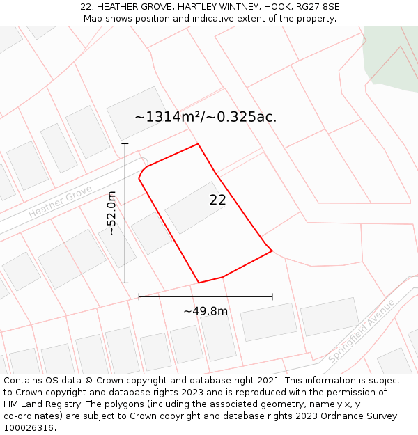 22, HEATHER GROVE, HARTLEY WINTNEY, HOOK, RG27 8SE: Plot and title map