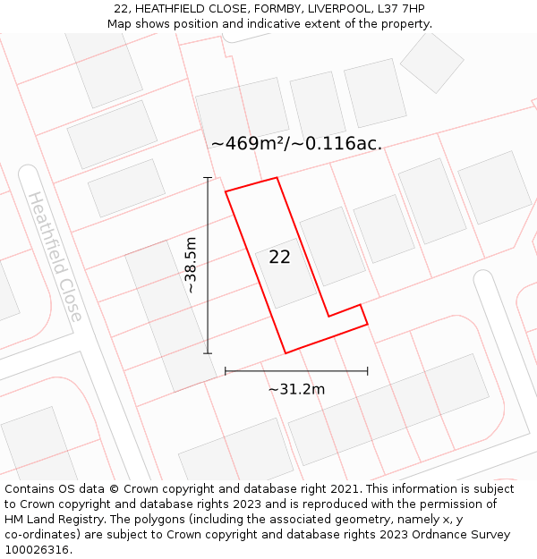 22, HEATHFIELD CLOSE, FORMBY, LIVERPOOL, L37 7HP: Plot and title map