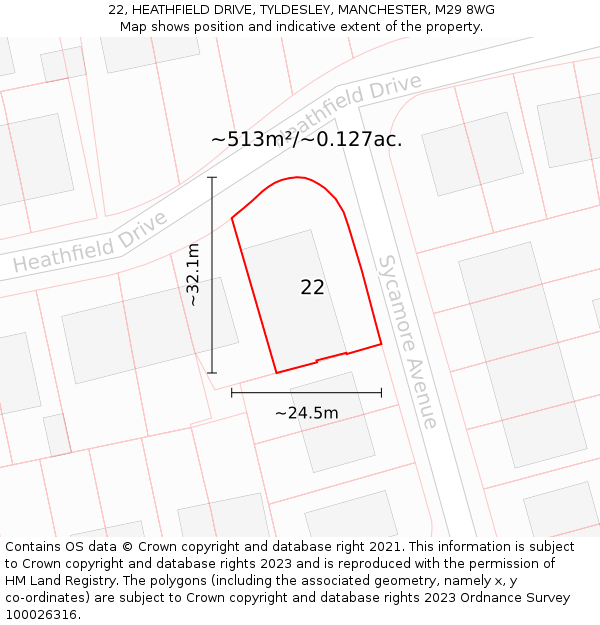 22, HEATHFIELD DRIVE, TYLDESLEY, MANCHESTER, M29 8WG: Plot and title map