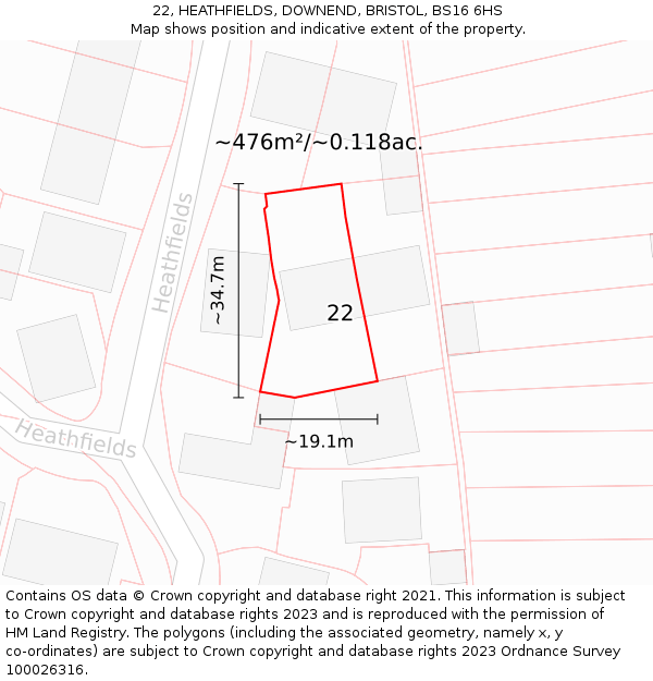 22, HEATHFIELDS, DOWNEND, BRISTOL, BS16 6HS: Plot and title map