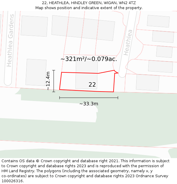 22, HEATHLEA, HINDLEY GREEN, WIGAN, WN2 4TZ: Plot and title map