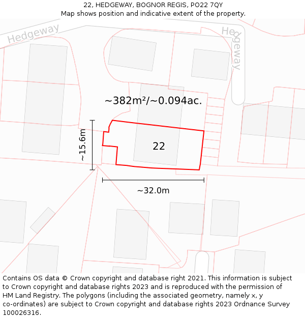 22, HEDGEWAY, BOGNOR REGIS, PO22 7QY: Plot and title map